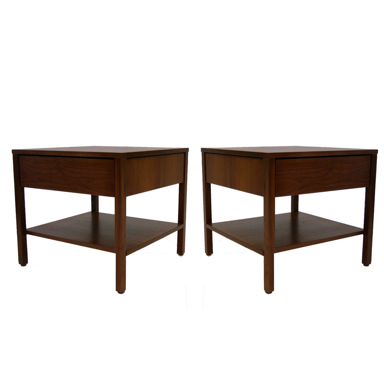 American Pair of Florence Knoll Single-Drawer Walnut Bedside / Nightstands or End Tables