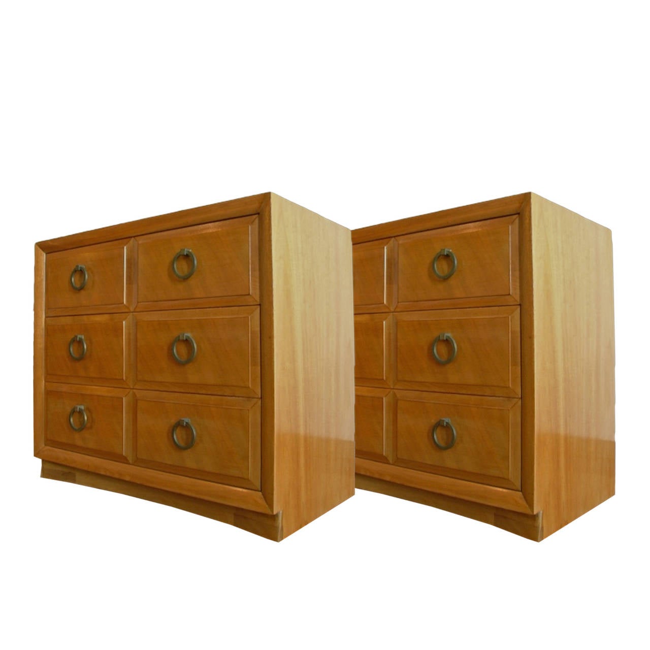 Handsome pair of three-drawer chests with heavy brass ring pulls. Lovely finish. All original. Stunning!