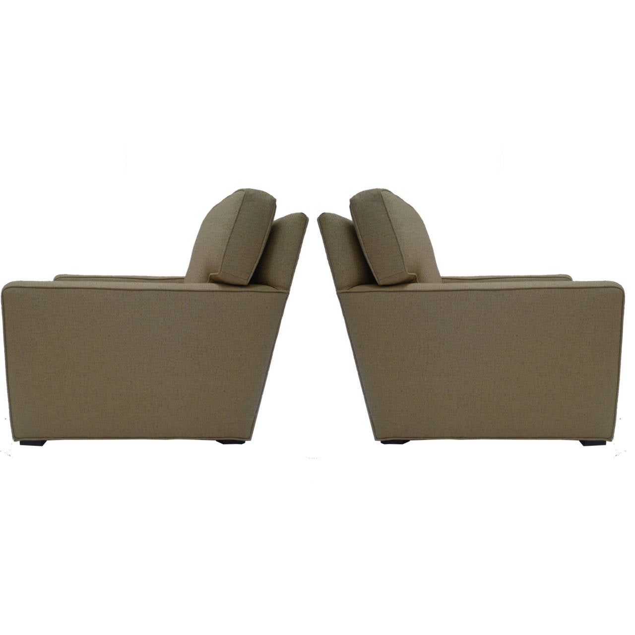 Pair of freshly upholstered Art Deco lounge chairs with ebonized wood feet. Transitional style goes well in almost any setting. Quite comfortable. Sturdy neutral upholstery.