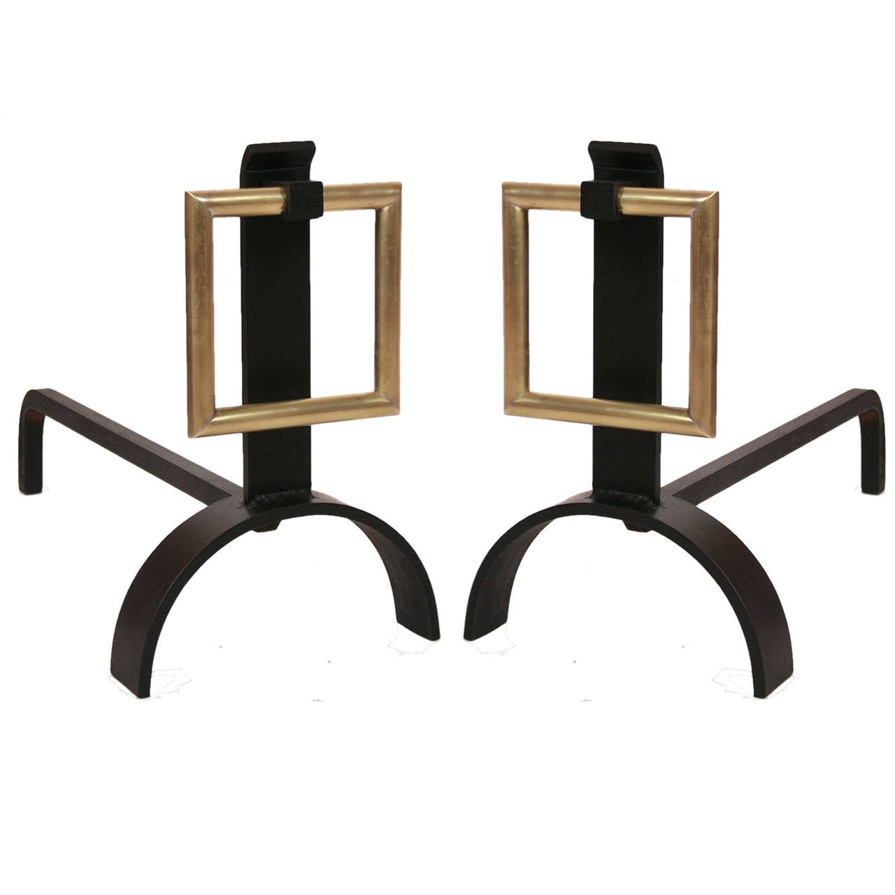 Unknown Pair of Modernist Andirons with Hanging Brass Squares