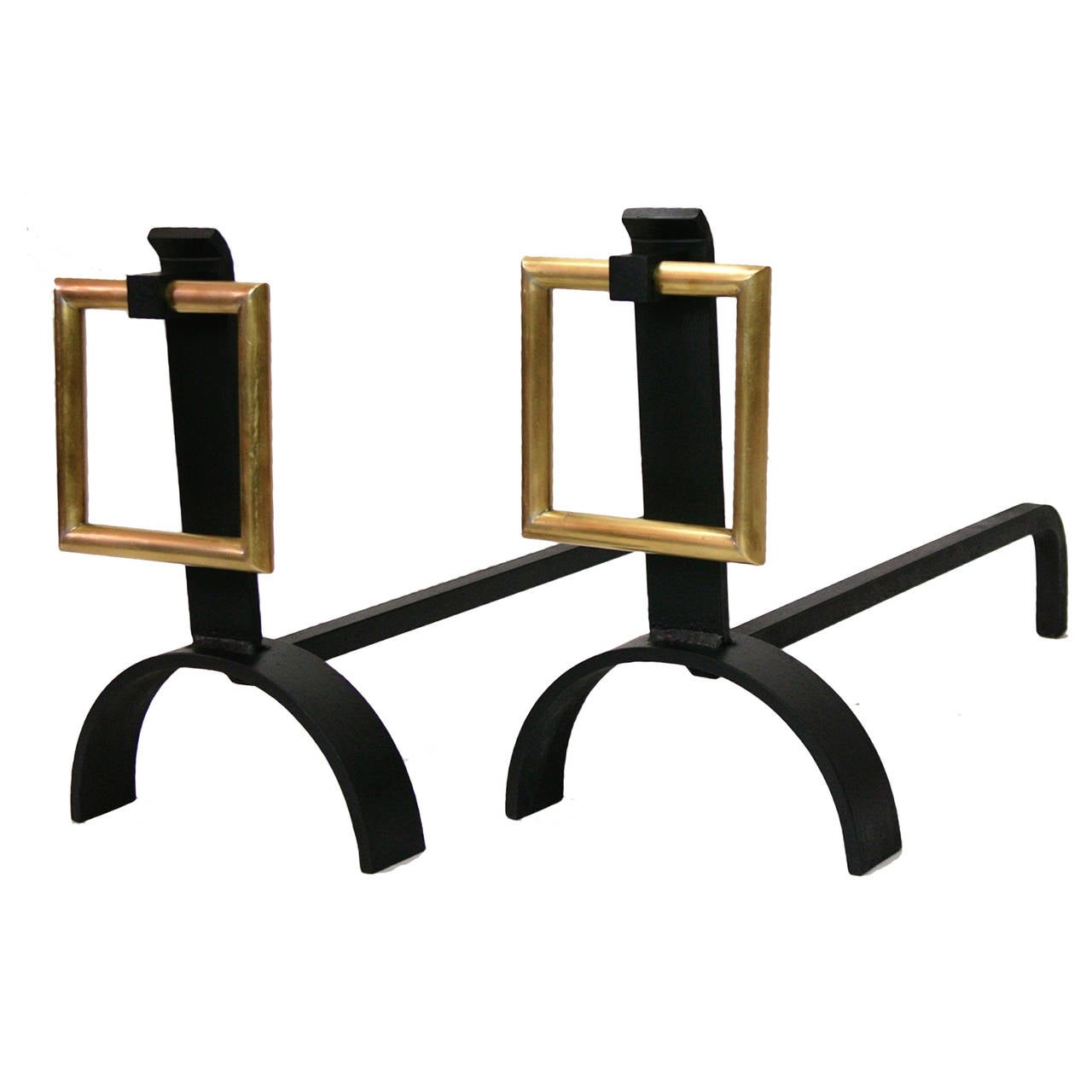 Art Deco Pair of Modernist Andirons with Hanging Brass Squares