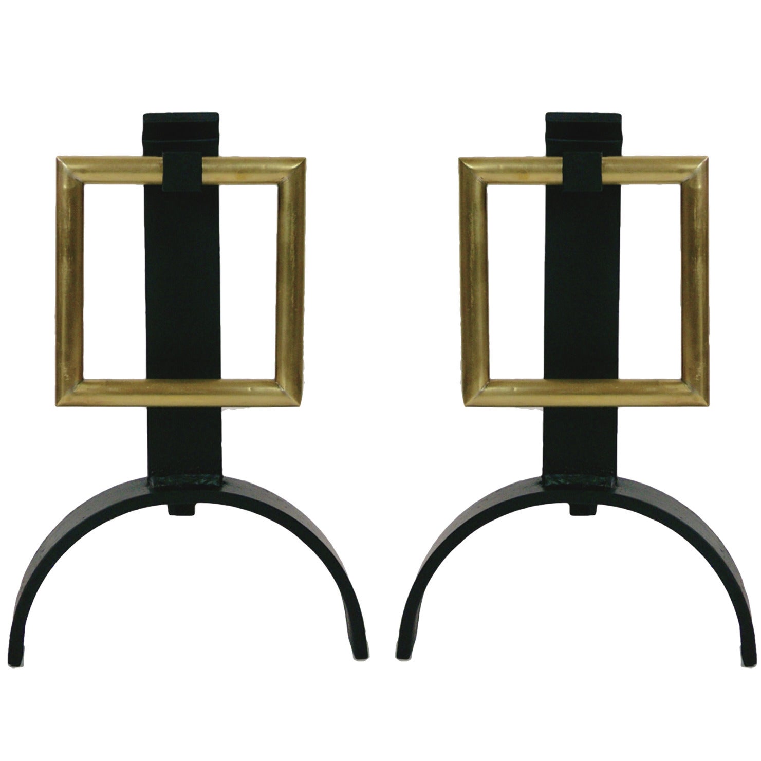 Pair of Modernist Andirons with Hanging Brass Squares