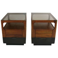 Brown Saltman Walnut and Smoked Glass End Tables or Night Stands by John Keal