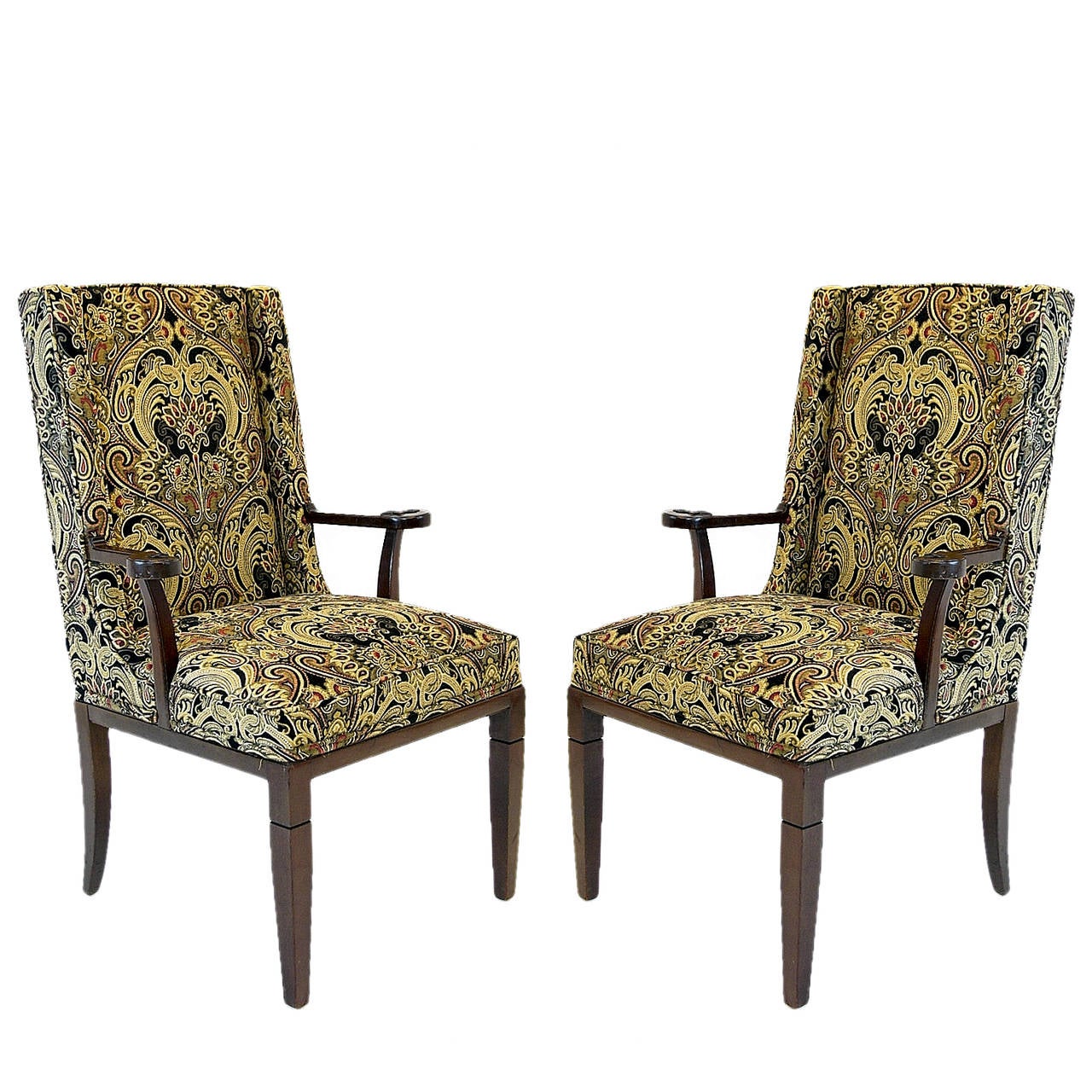 Gorgeous pair of heavy occasional chairs designed by Tommi Parzinger for Charak Modern fabric is a tapestry style upholstery.