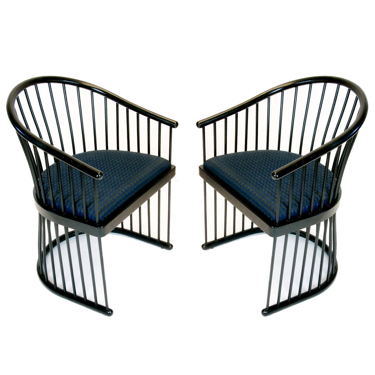 Pair of Jack Lenor Larsen black lacquered armchairs in a stunning cage style design.