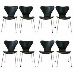  Eight Arne Jacobsen 3107 Chairs in Black Leather