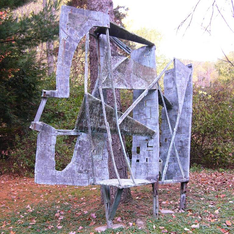 Abbott Pattison (1916-1999). This sculpture was made in 1967 and stood at a prominent Chicago modern department store until 2007. Verdigris finish. Currently freestanding and in fair condition. Pickup is in Troy, NY. Will need to be mounted when