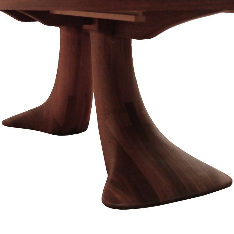 American studio craft table. Beautifully sculpted base. The table has a 22 inch leaf which is inserted in the photos, and is included in measurements.