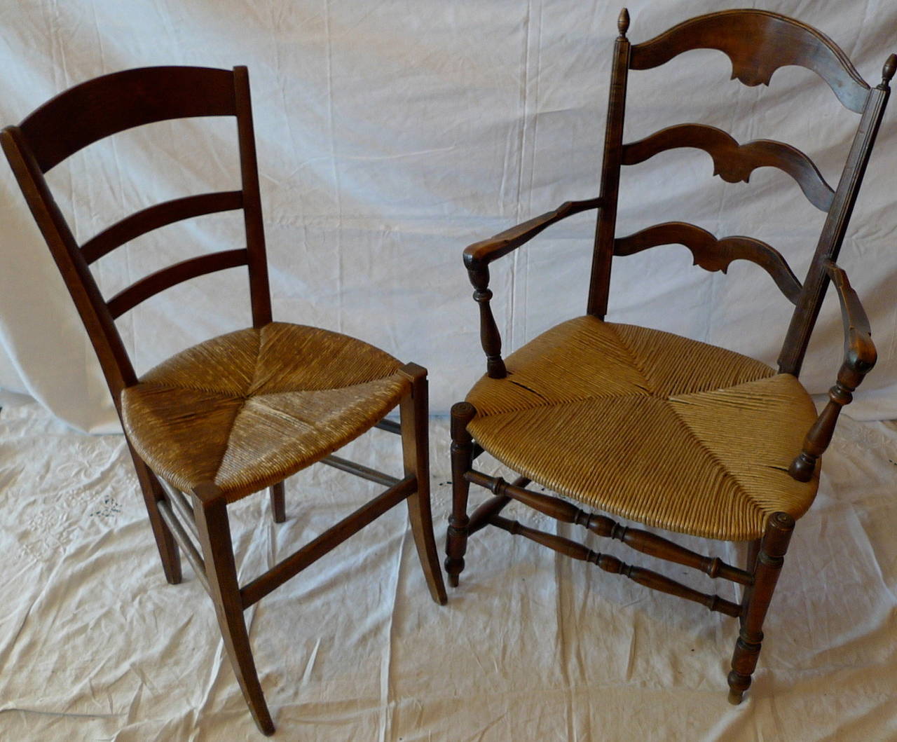 French 19th Century Country Ladder Back Side Chair With Rush Seat. 