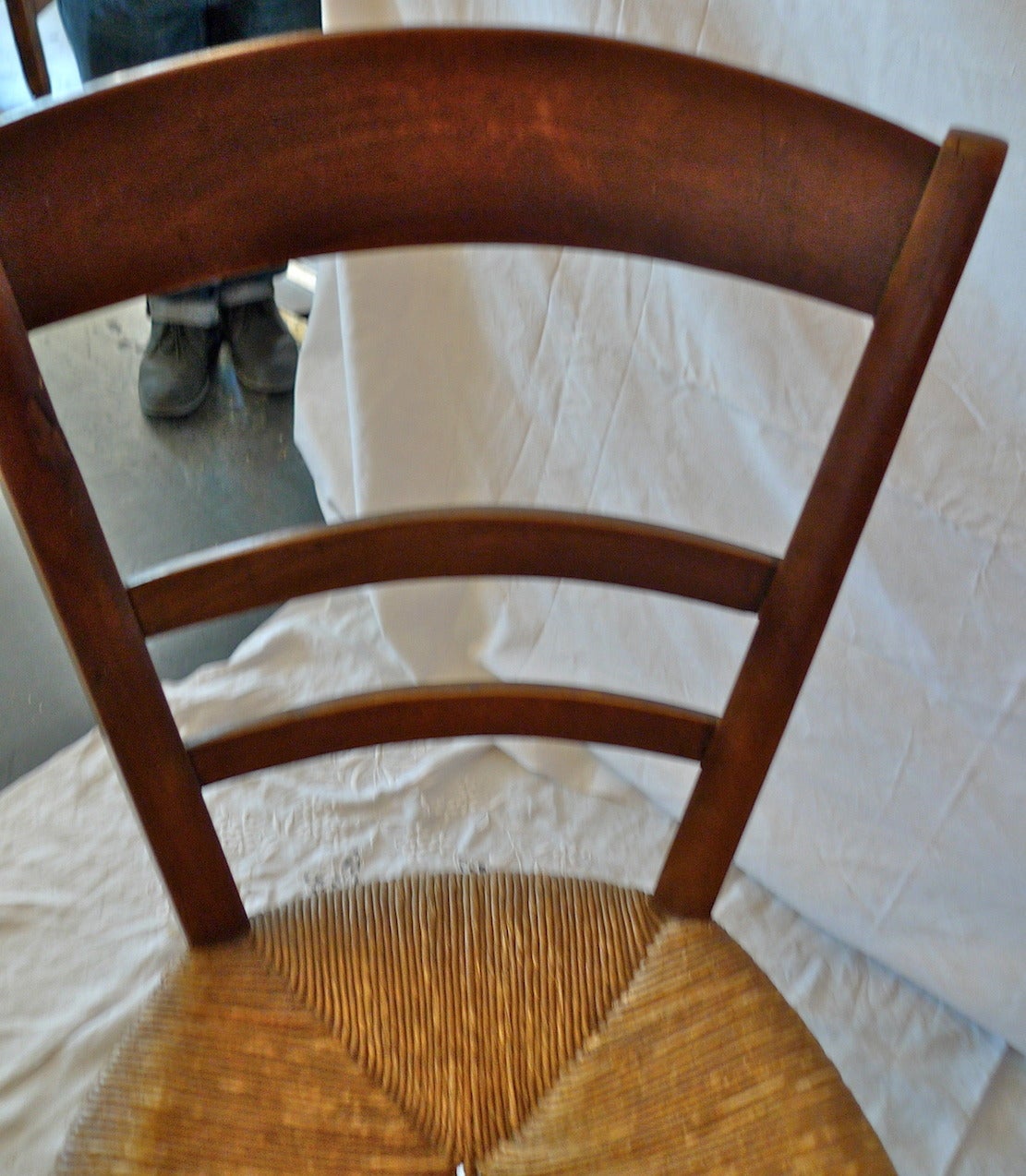 French 19th Century Country Ladder Back Side Chair With Rush Seat. In Distressed Condition In Santa Monica, CA