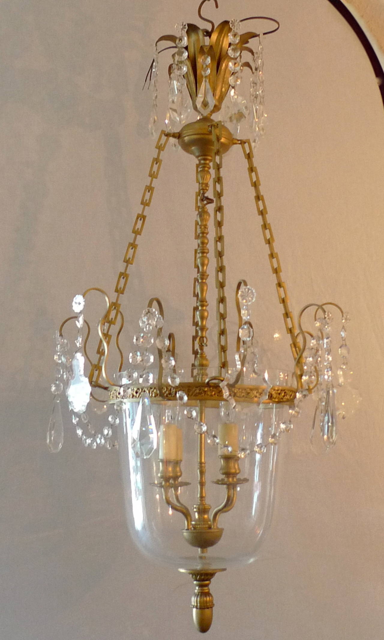 French 1950's bell jar chandelier with crystal, gold-leaf metal and 4 lights.