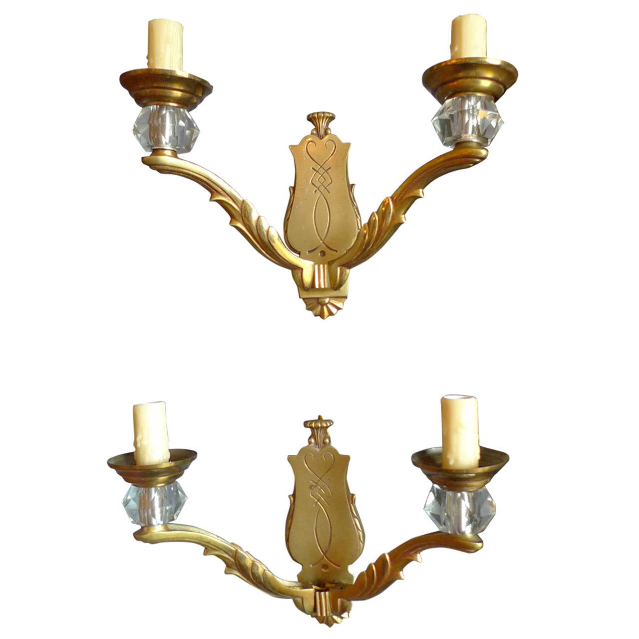Two French 19th Century Gold-Plated Sconces with Crystal For Sale at 1stdibs