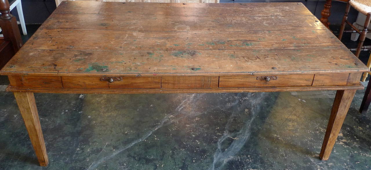 French xix country farm table with two side drawers.