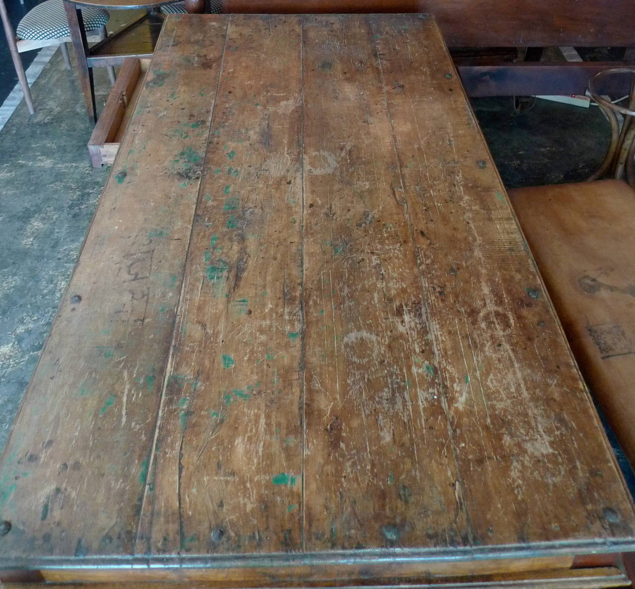 Stained French 19th Century Farm Table With Two Side Drawers