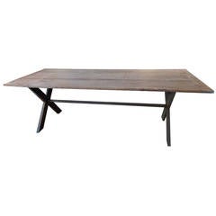 French Farm Table with Wooden Top on Criss Cross Cast Iron Legs