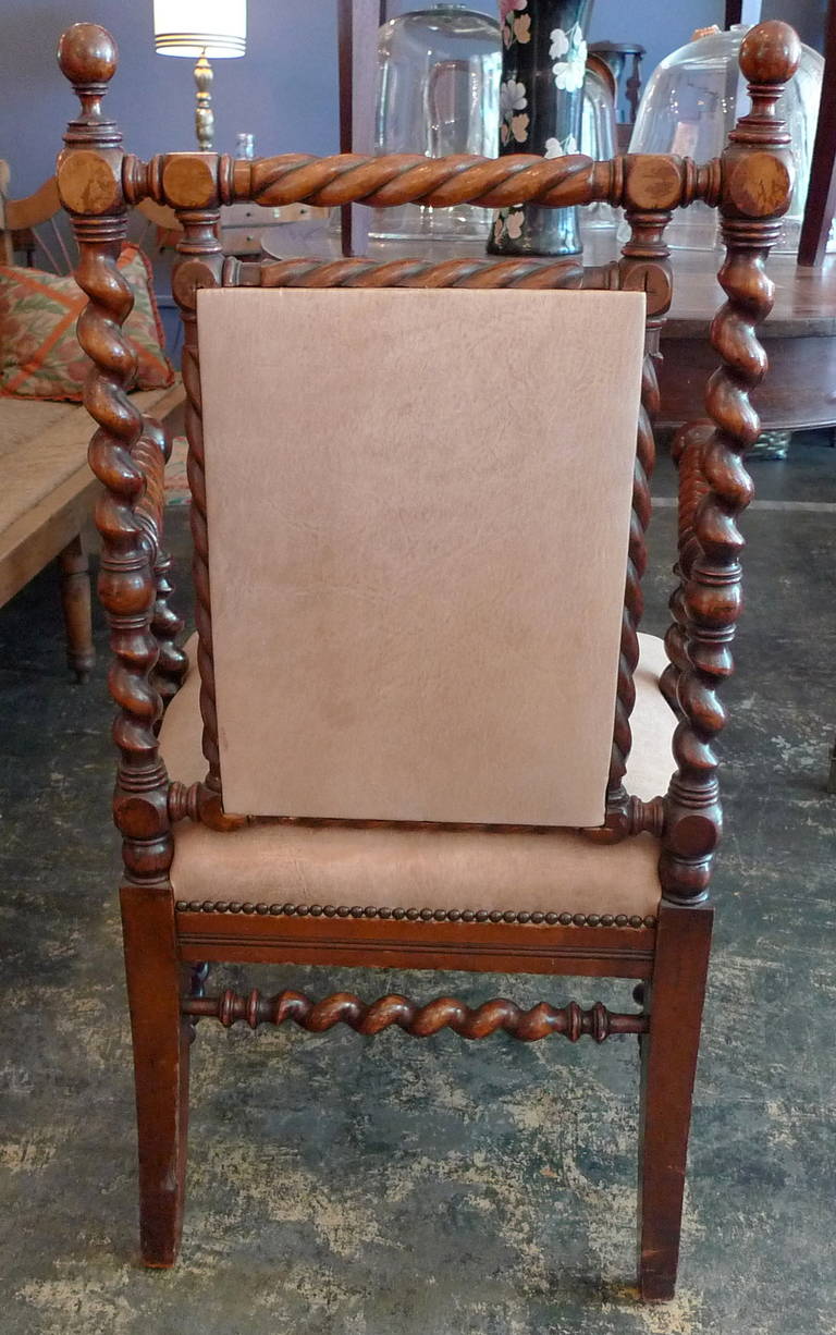 English 1920s Barley Twist Cherrywood and Leather Armchair
