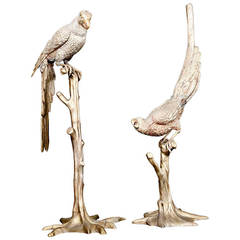 Antique Two French 1920s Gilded Decorative Metal Parrots on Pedestals