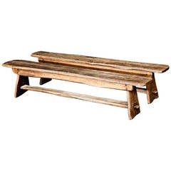 Two French 19th Century Long Wooden Backless Benches