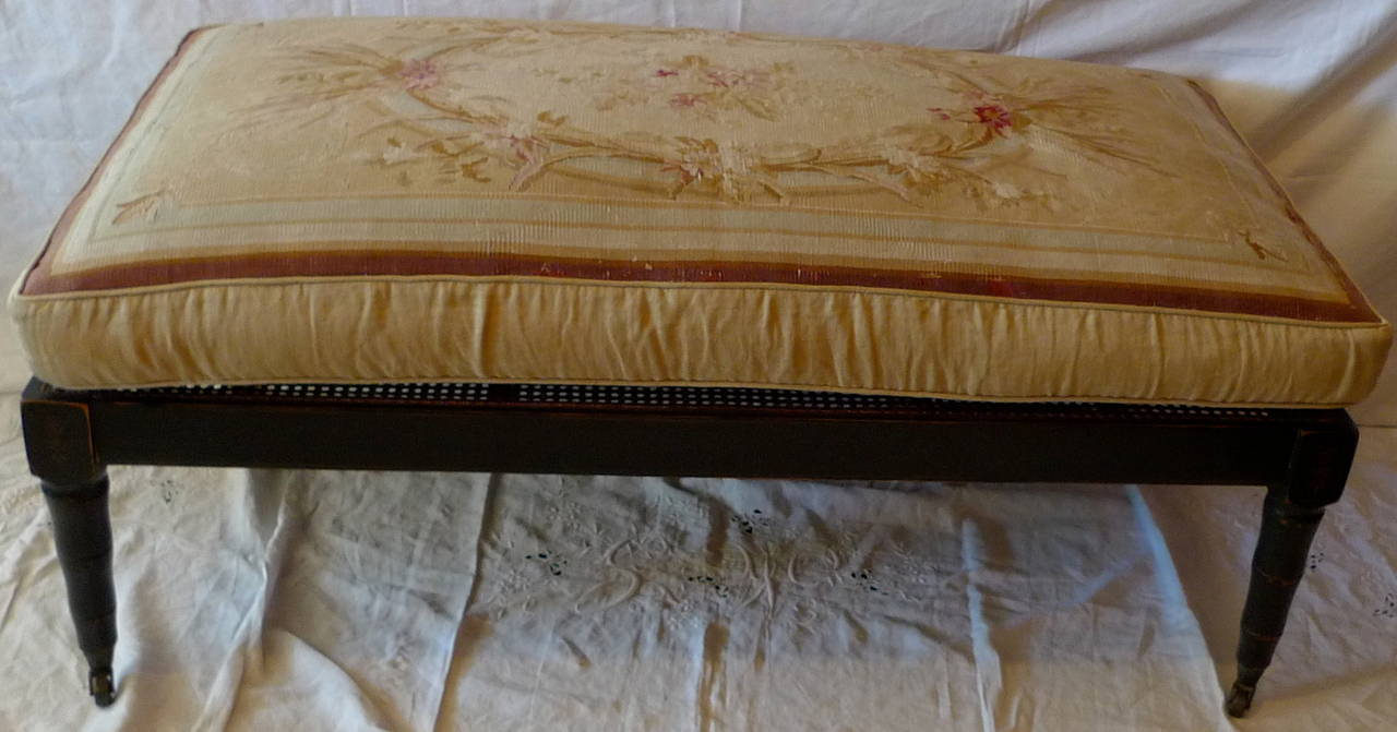 French XIX Rattan Bench on Wheels with Aubusson Cushion