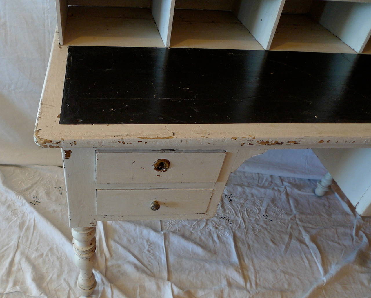 French xix postman's desk, 2 piece, with 8 post compartments on top, desk top and 3 drawers on bottom section. All painted