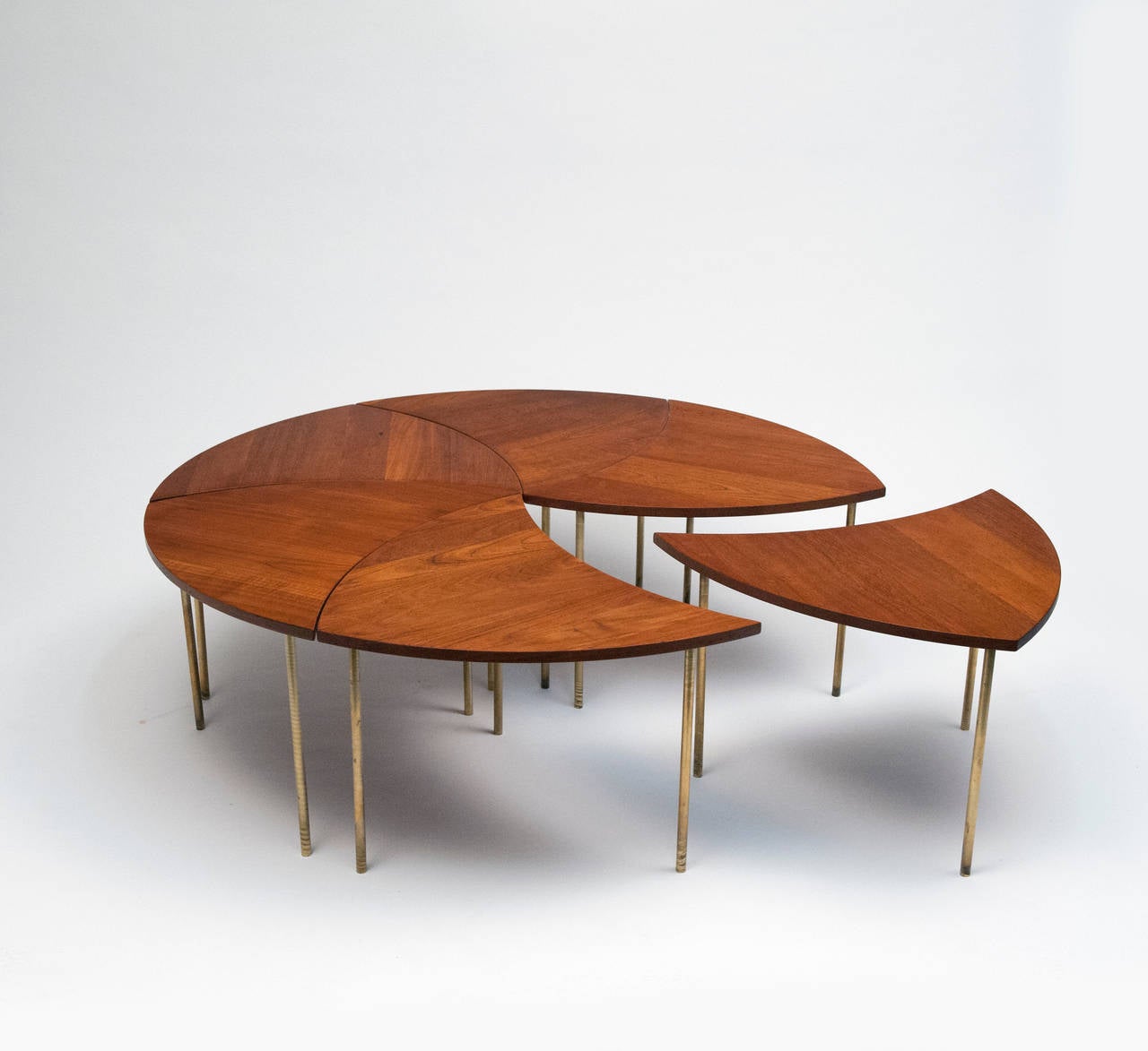 Original set of six tables by Peter Hvidt for France & Son.  Each table is signed with disc label and stamped by manufacturer's mark. 25.5W x 21D x 17H. Made in Denmark.