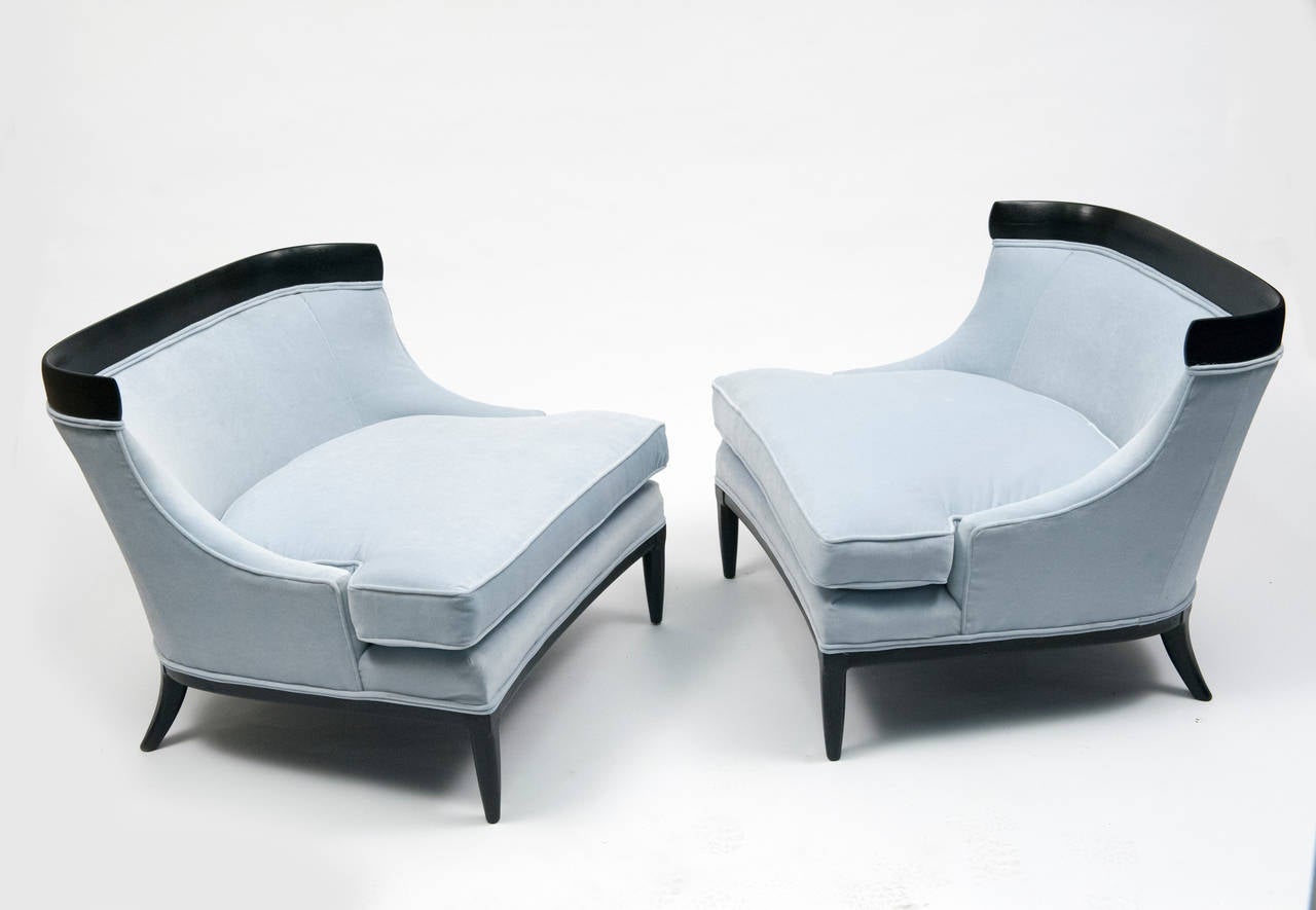 Restored pair of Tomlinson Sophisticate slipper chairs. Wood frame has an ebony finish and upholstery is ice blue velvet. Condition is excellent.
