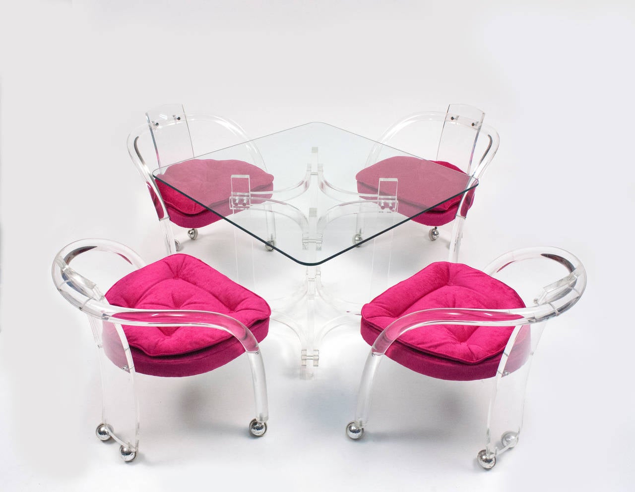 Chic Set of Four Hot Pink Lucite Chairs and Matching Table 1