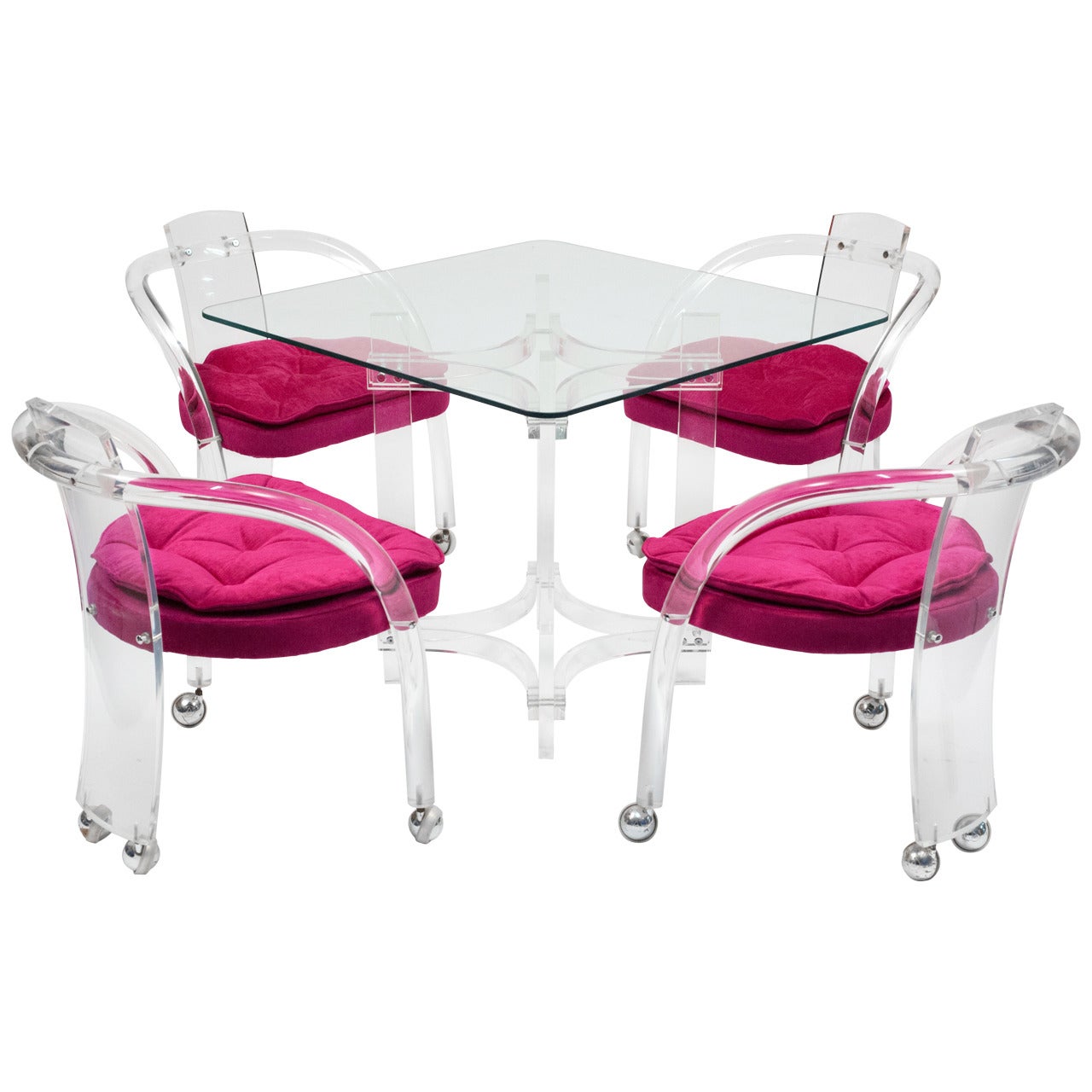 Chic Set of Four Hot Pink Lucite Chairs and Matching Table