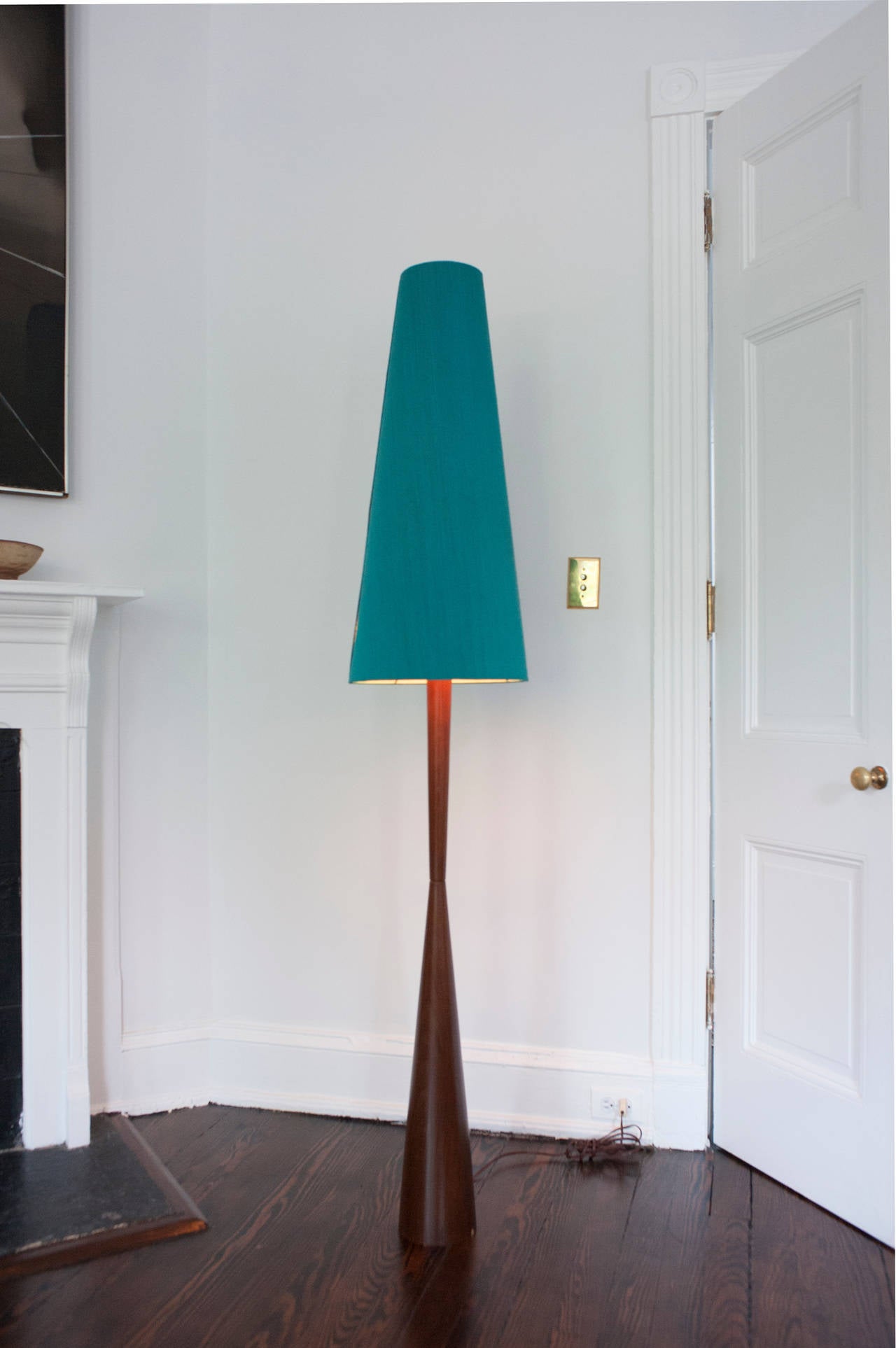 Mid-Century Modern Tall Danish Modern Teak Floor Lamp with Original Silk Shade 1960s