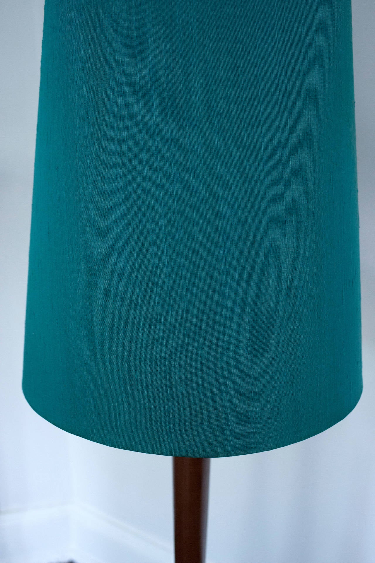 Mid-20th Century Tall Danish Modern Teak Floor Lamp with Original Silk Shade 1960s