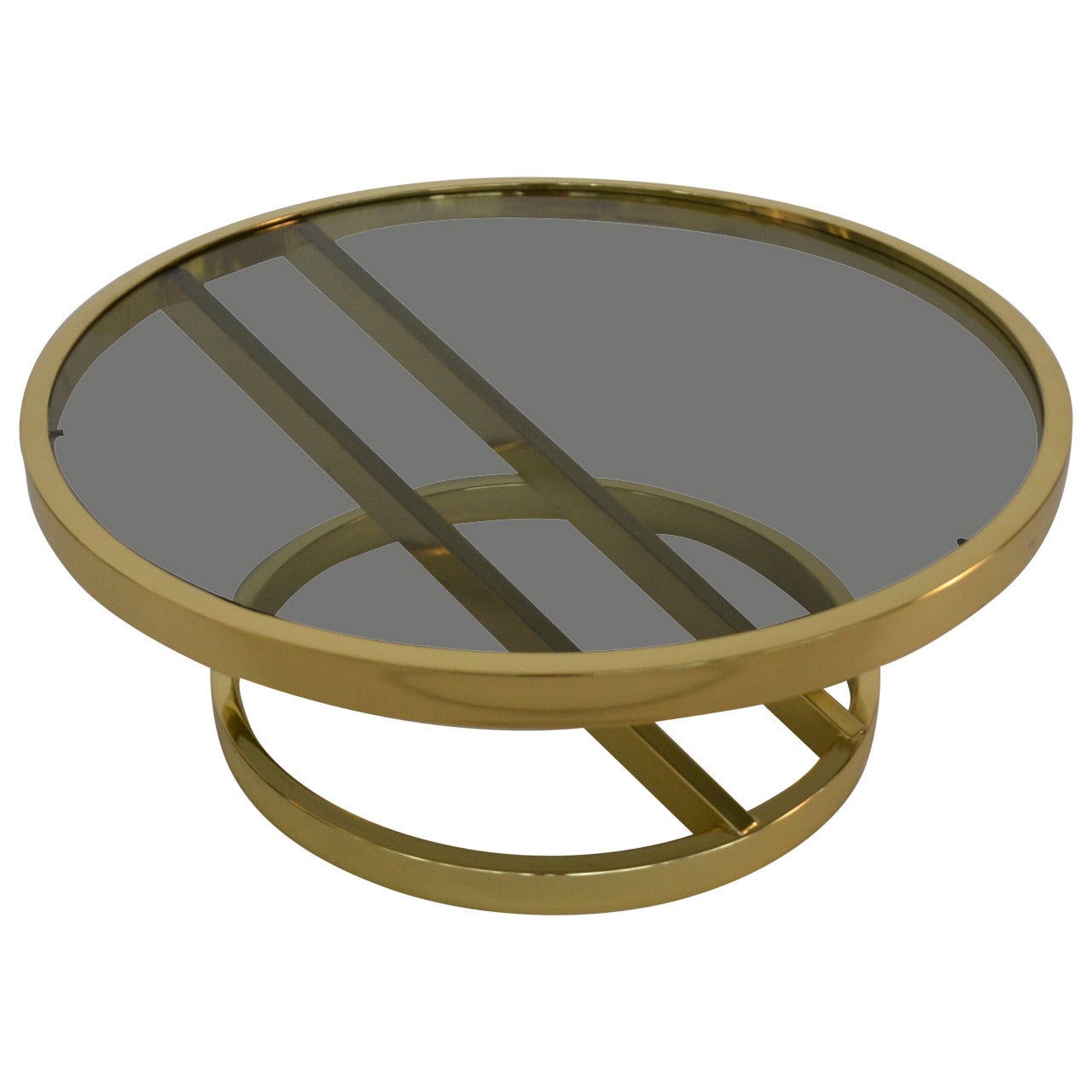 Zig Zag Milo Baughman Round Brass and Smoked Glass Cocktail Table