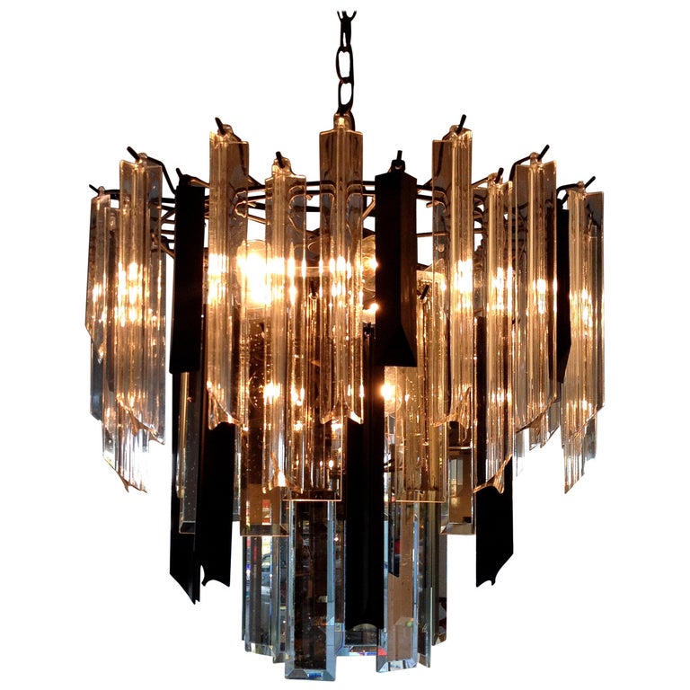 MidCentury Modern Black and Clear Lucite and Mirrored Prism Chandelier