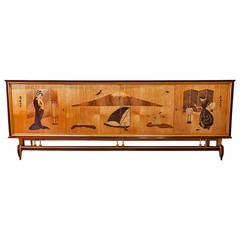 Retro Italian MCM Sideboard with Intricate Marquetry Depicting a Japanese Story