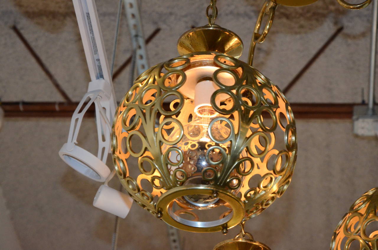 American Mid-Century Modern Moroccan Filigree Three Globe Brass Chandelier