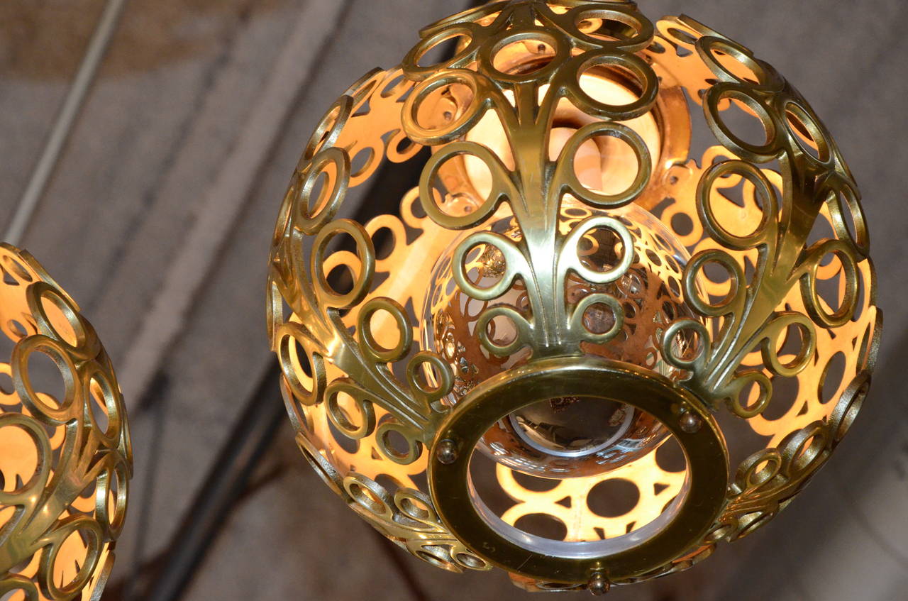 Metalwork Mid-Century Modern Moroccan Filigree Three Globe Brass Chandelier