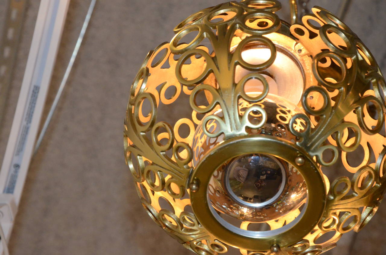 Mid-Century Modern Moroccan Filigree Three Globe Brass Chandelier In Good Condition In Houston, TX