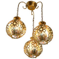 Mid-Century Modern Moroccan Filigree Three Globe Brass Chandelier