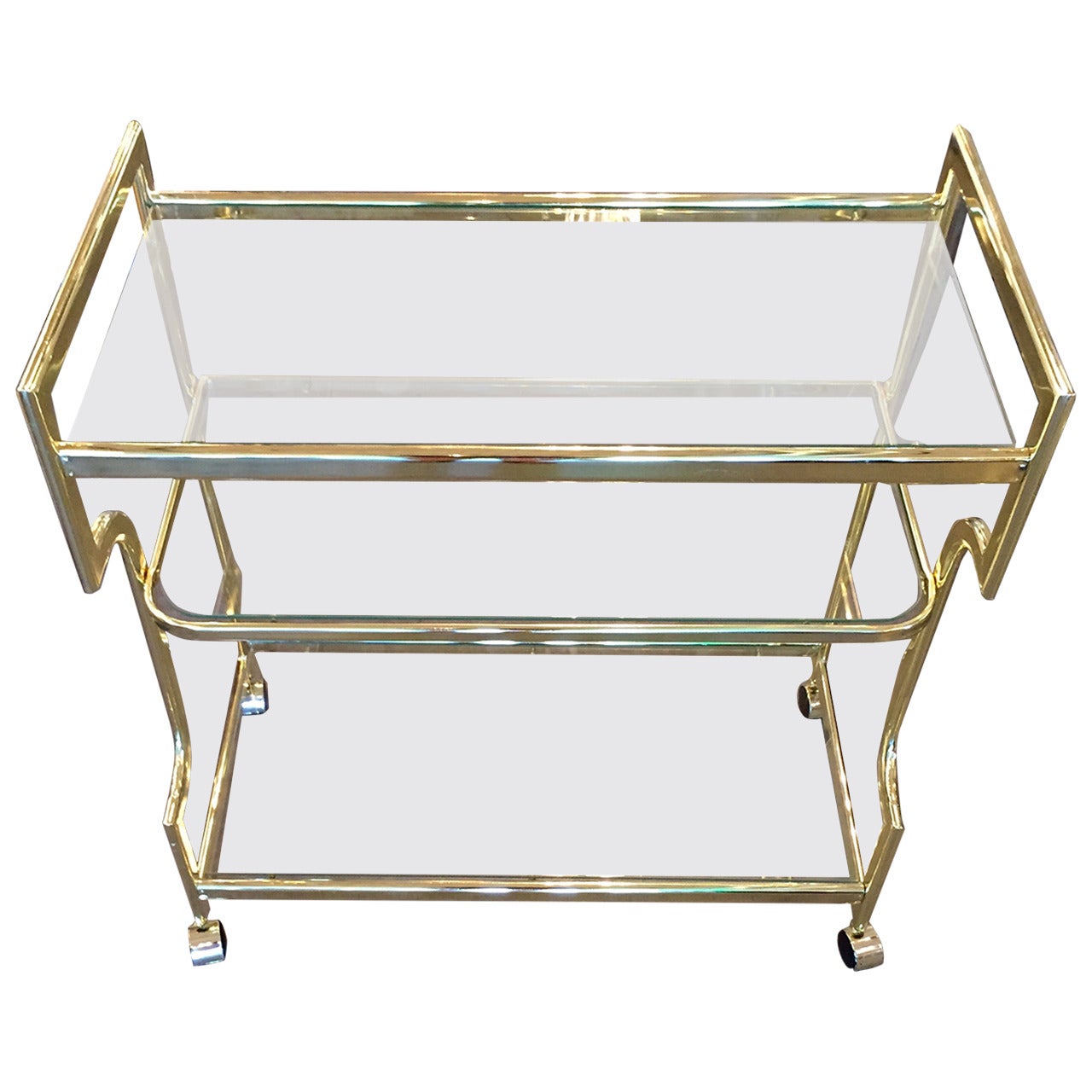 Hollywood Regency Three-Tier Glass and Gold Tone Metal Bar Cart
