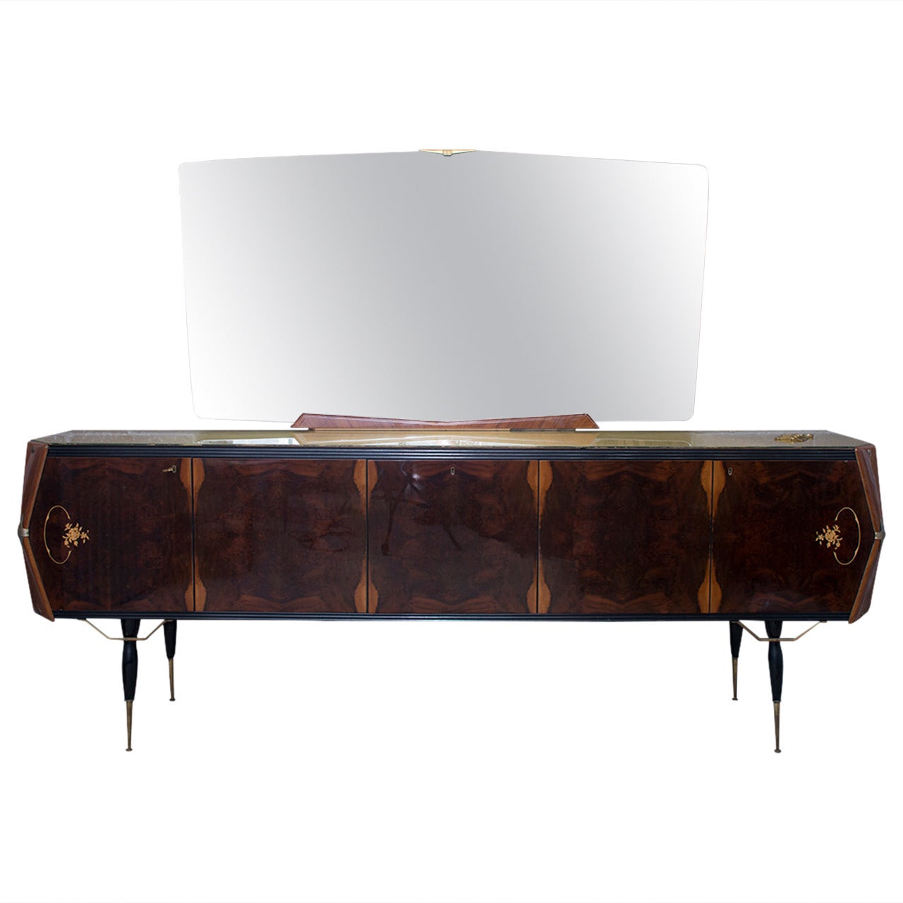 Italian Midcentury Sideboard with Inlaid Brass Accents and Large Mirror