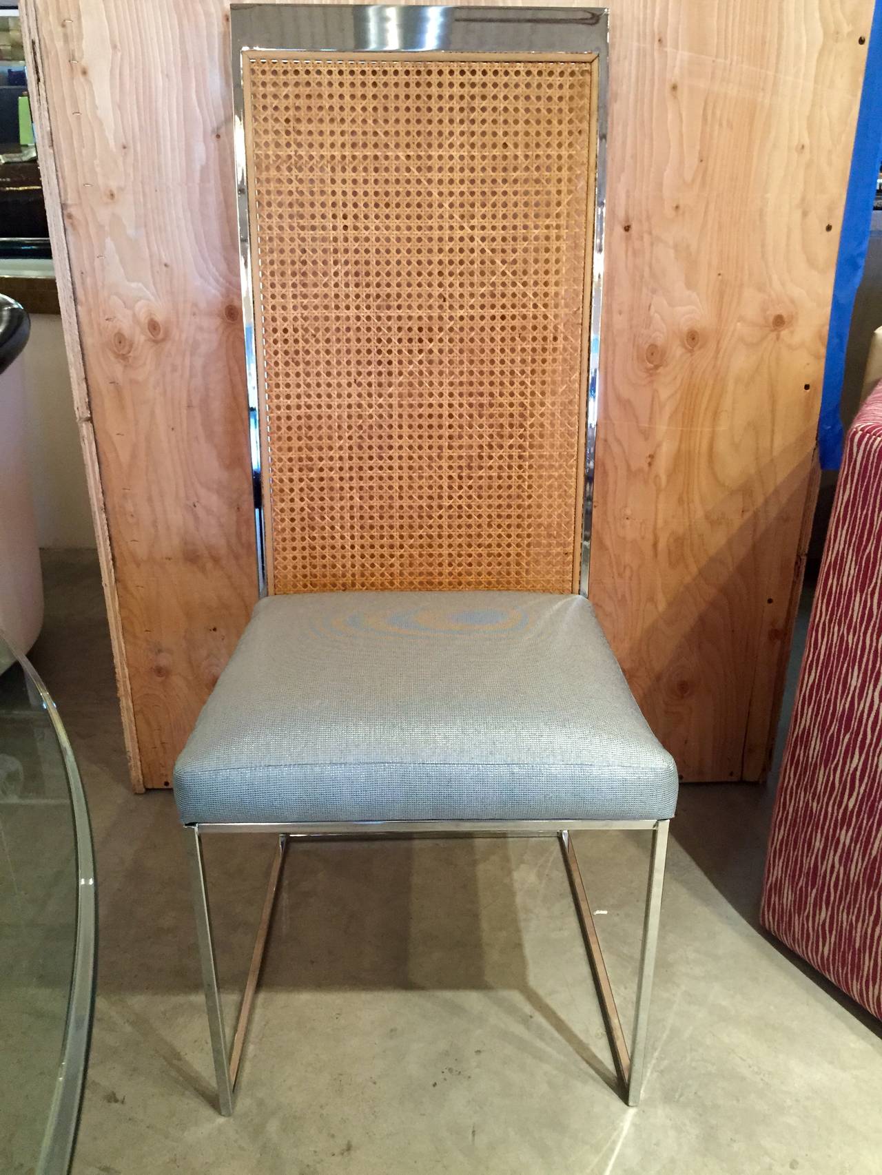 Mid Century Modern S 8 Milo Baughman New Fabric Chrome and Cane Back