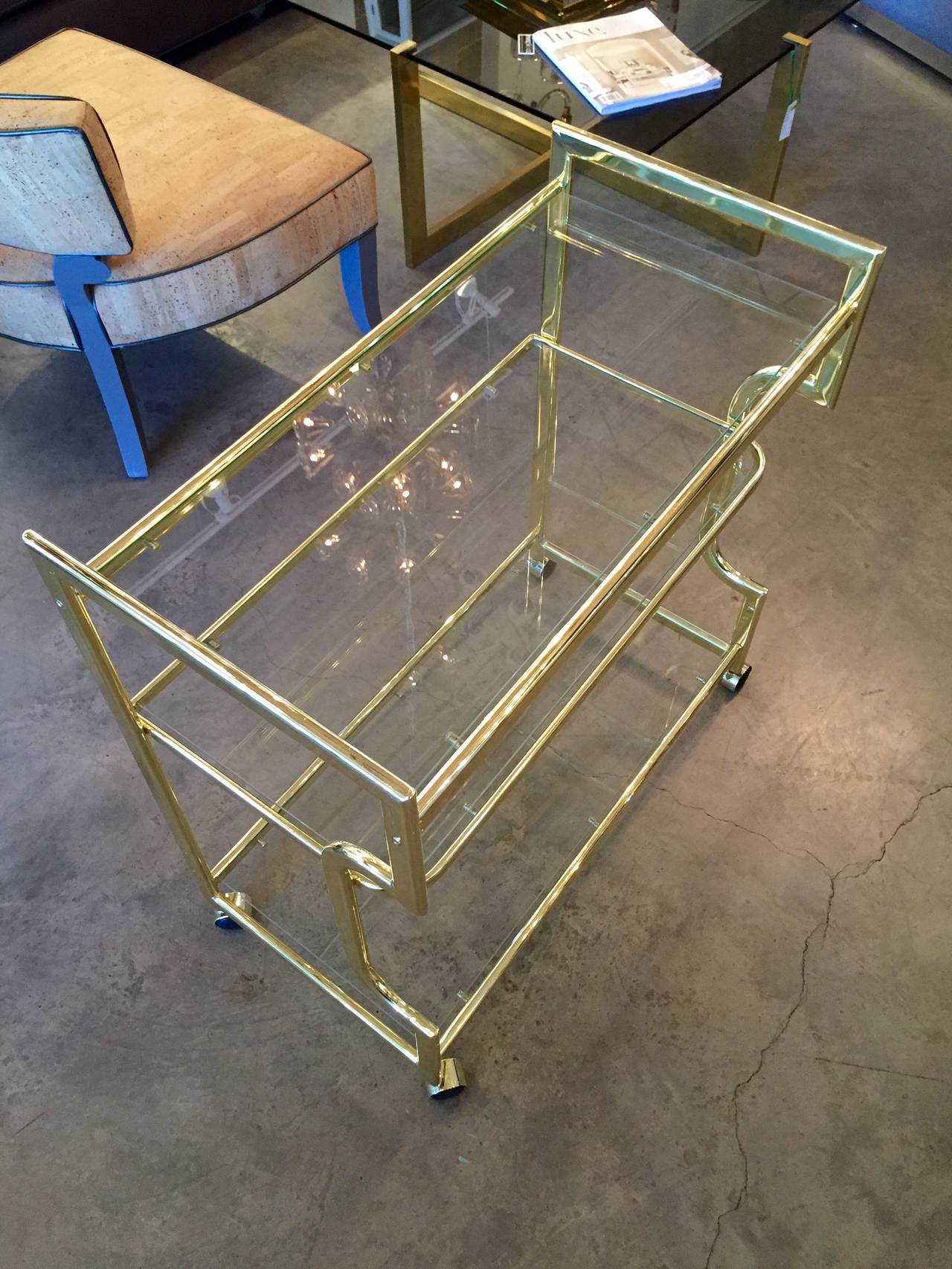 Hollywood Regency Three-Tier Glass and Gold Tone Metal Bar Cart 1