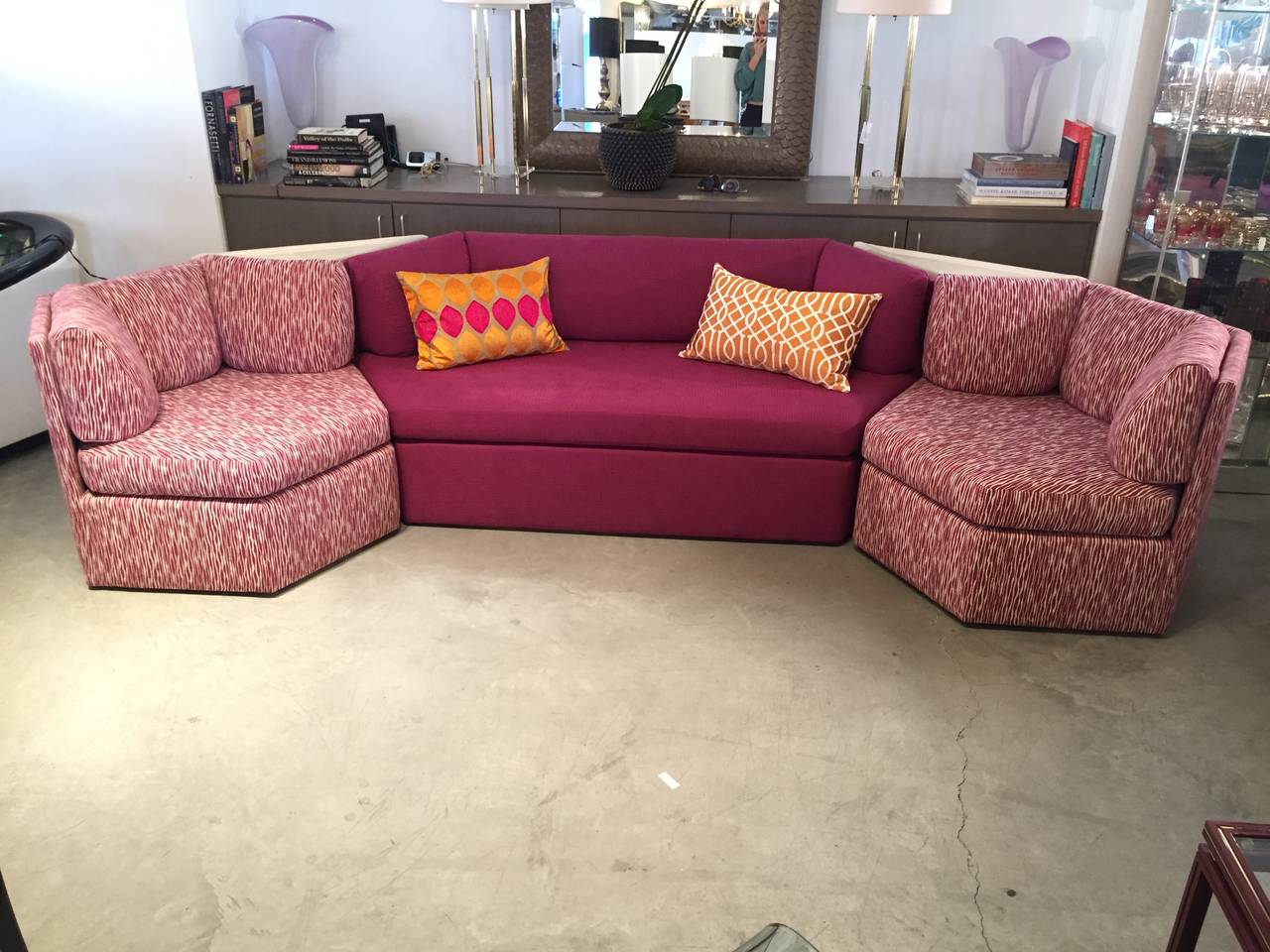 Offered is a mid century modern Thayer Coggin sectional / modular sofa with a pair of tables with new upholstery.  Thayer Coggin's love for furniture creation began at a young age. As a young man, he founded 