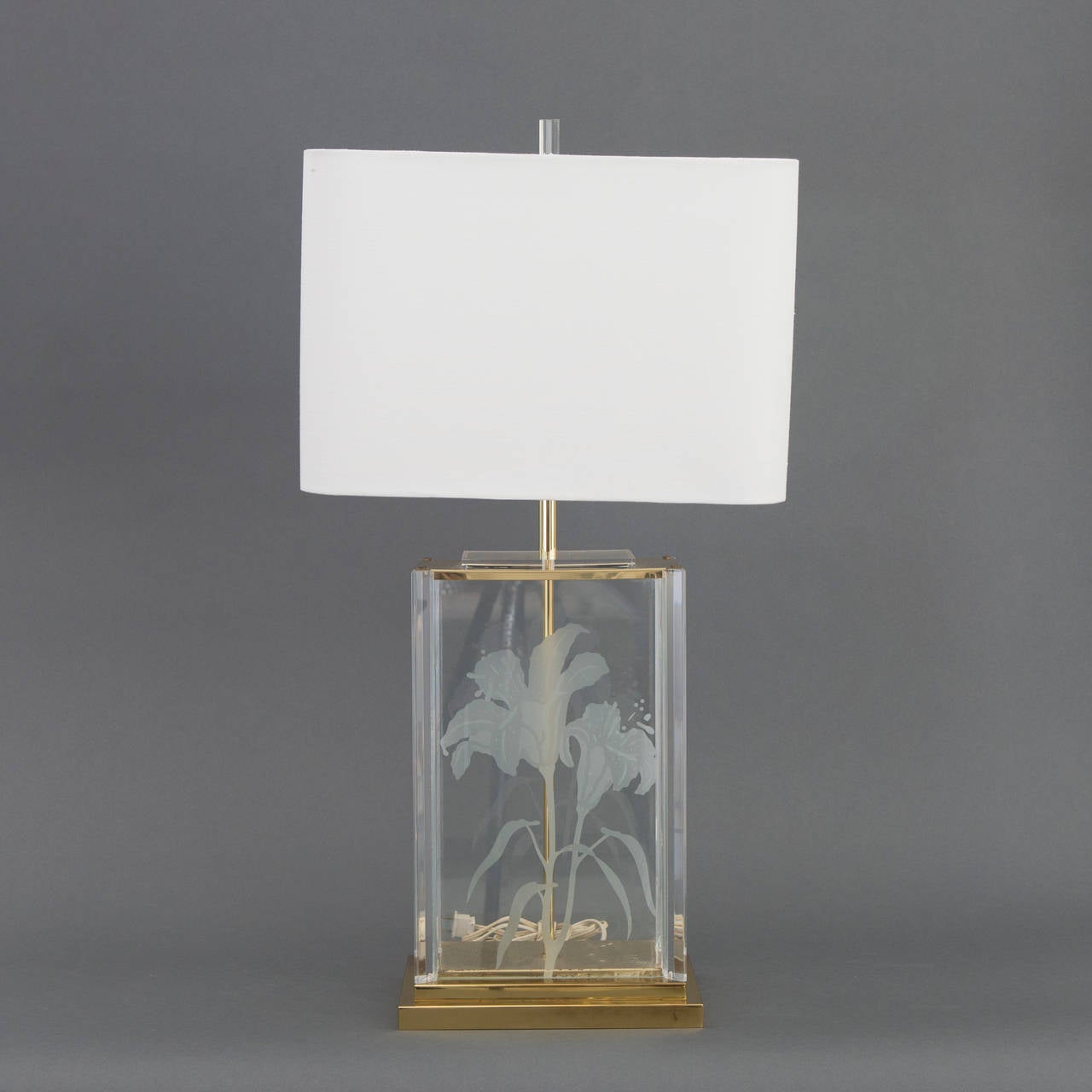 Fredrick Ramond Etched Frosted Glass, Lucite and Brass Table Lamp For