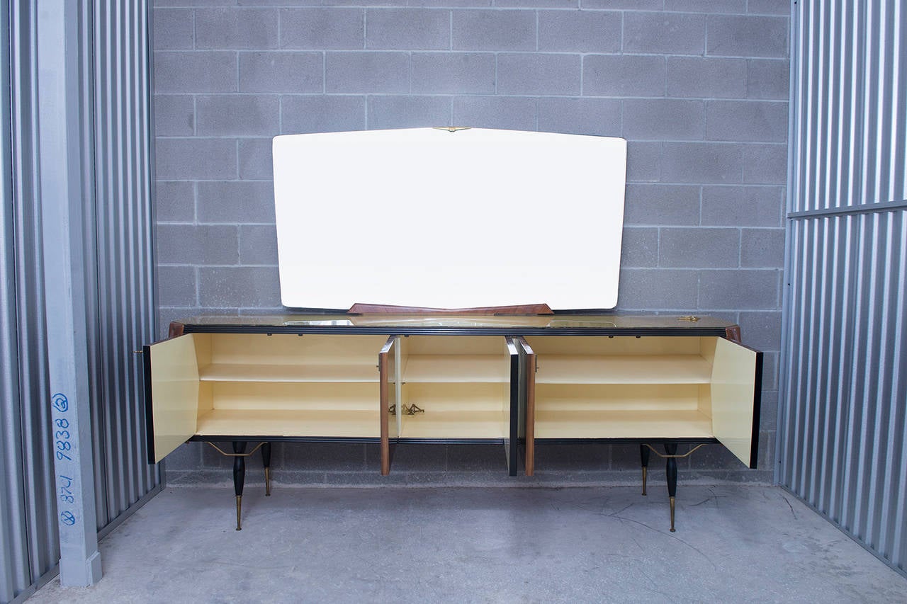 Italian Midcentury Sideboard with Inlaid Brass Accents and Large Mirror In Good Condition In Houston, TX