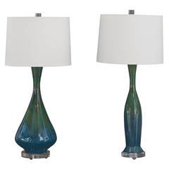 Pair of Blue and Green Drip Glaze Ceramic and Lucite Base Table Lamps