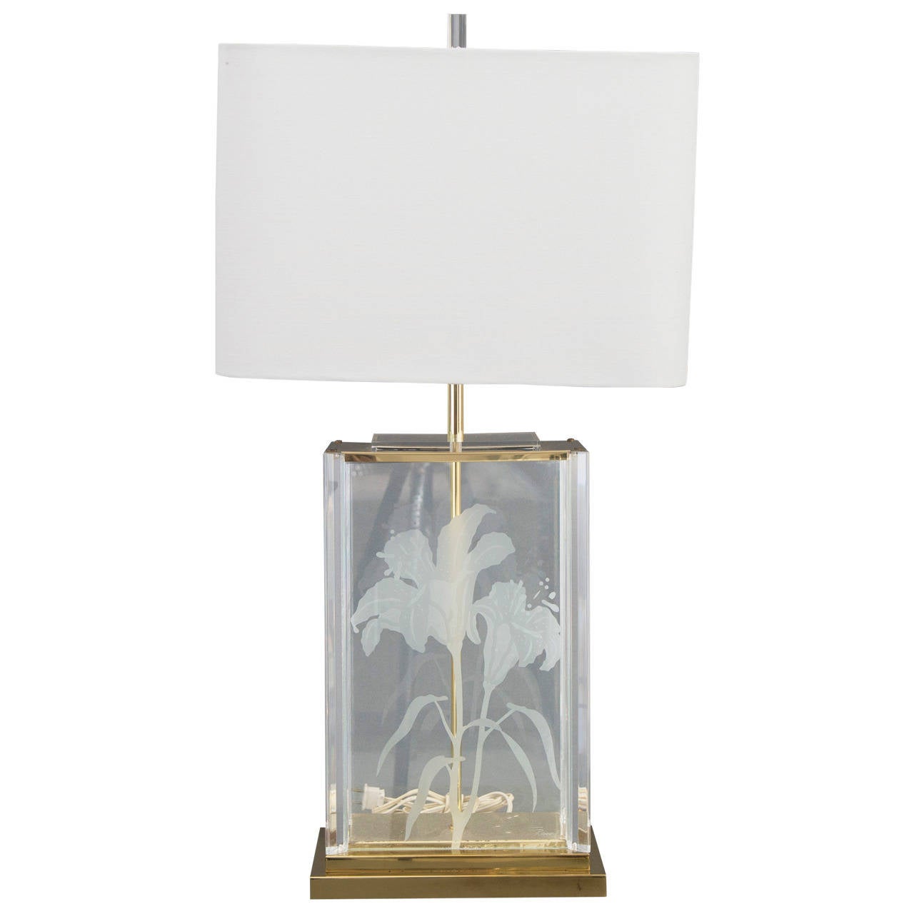 Fredrick Ramond Etched Frosted Glass, Lucite and Brass Table Lamp For