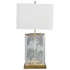 Fredrick Ramond Etched Frosted Glass, Lucite and Brass Table Lamp 10