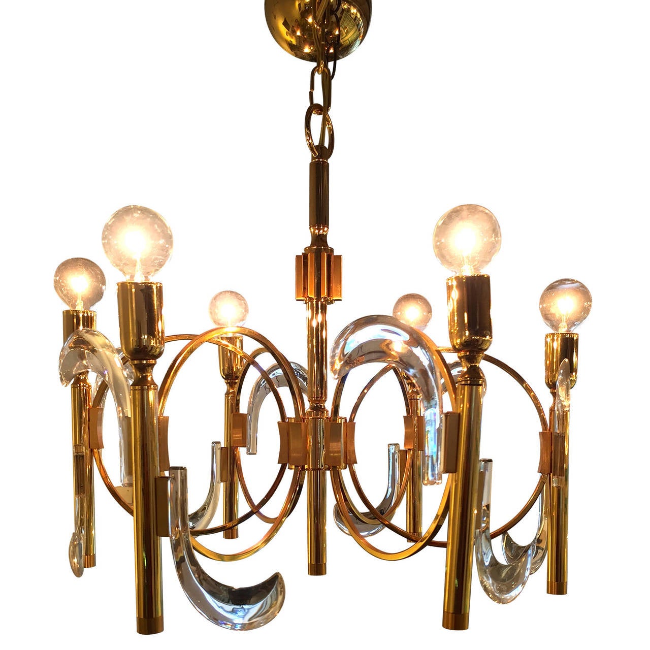 Mid Century Modern Gaetano Sciolari Lucite and Brass Chandelier For