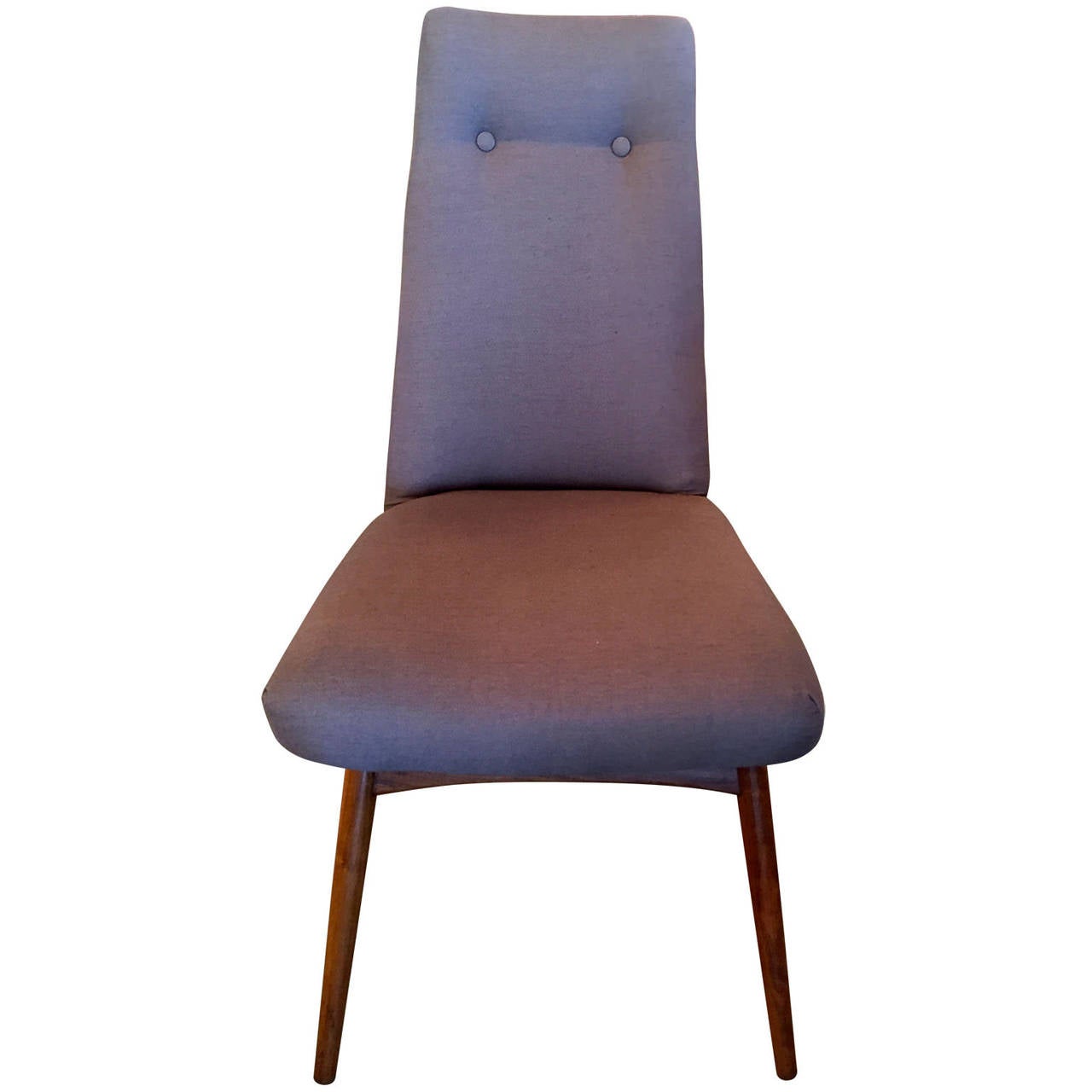 Offered is a mid century modern set of six Walnut and gray linen upholstered dining chairs by Adrian Pearsall.  Adrian Pearsall graduated from university with a degree in architectural engineering. He left the architectural field after two years and