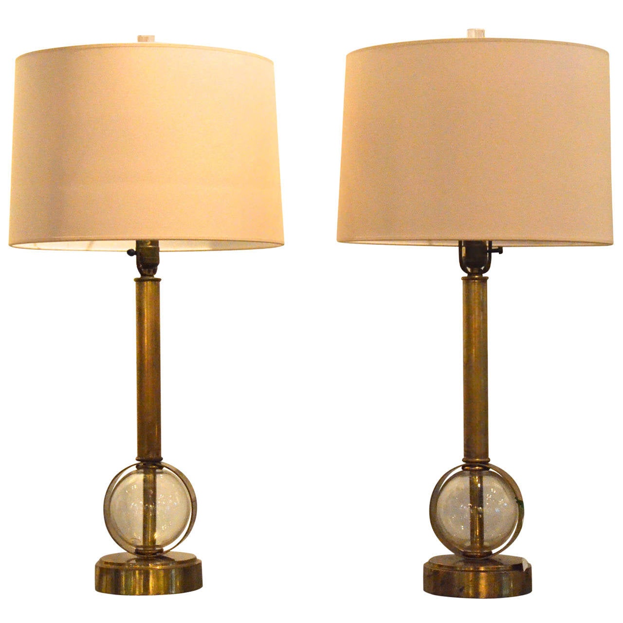 Pair of Glass Globe and Brass Table Lamps at 1stDibs